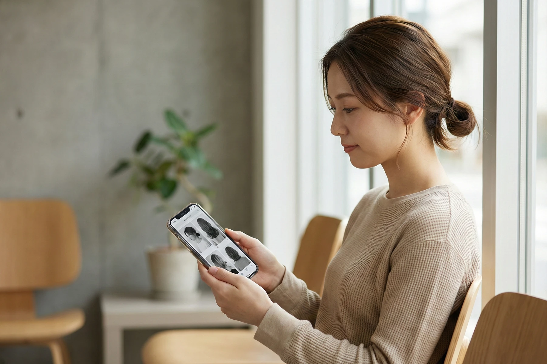 Woman reviewing haircut options on her phone before booking a salon appointment