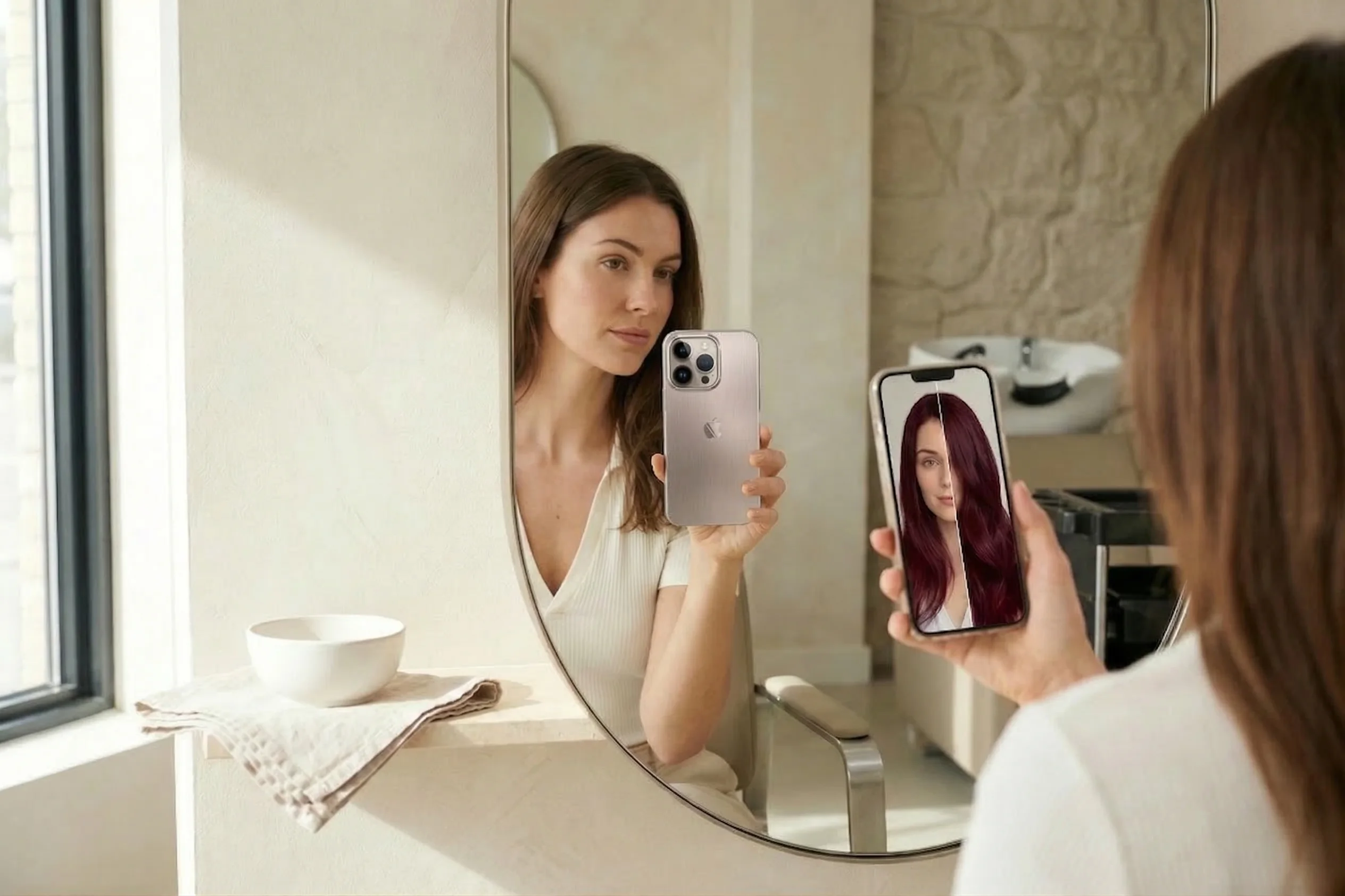 Woman comparing natural and bold hair color previews on a smartphone in a salon mirror space